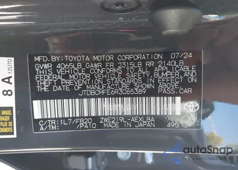 2024 Toyota Corolla Hybrid Le from USA, damaged, VIN JTDBCMFE6R3065389